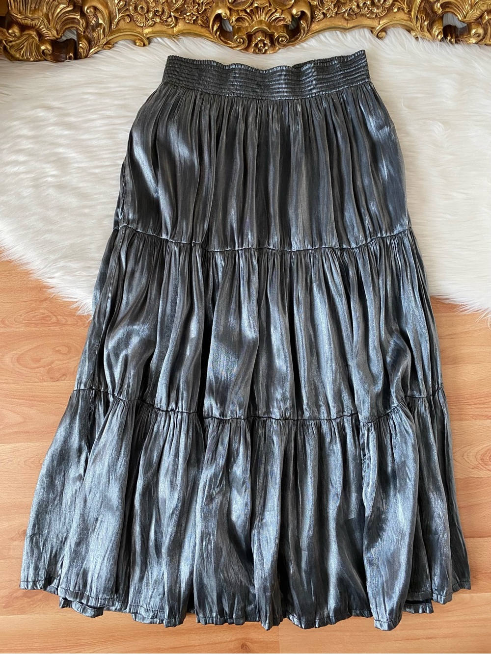 Bar None Vintage Silver Ruched Maxi Skirt